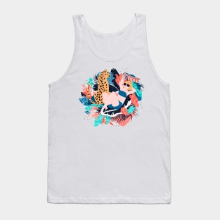 Yellow Hair Girl Sunbathing with Cheetah and Tropical Leaves and Flowers Tank Top